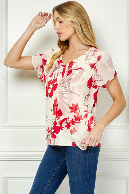 Tulip Sleeve V-Neck Layered Front Blouse in Red/Cream