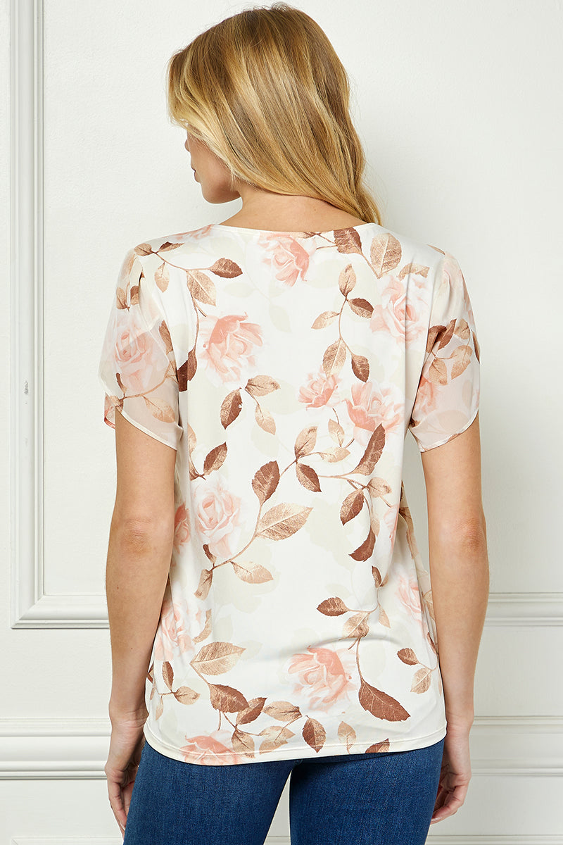 Tulip Sleeve V-Neck Layered Front Blouse in Cream/Brown