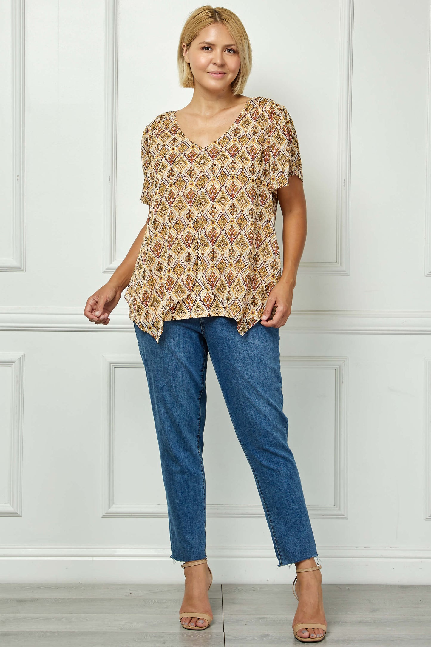 Tulip Sleeve Button-Front V-Neck Blouse in Cream/Olive/Rust - Plus