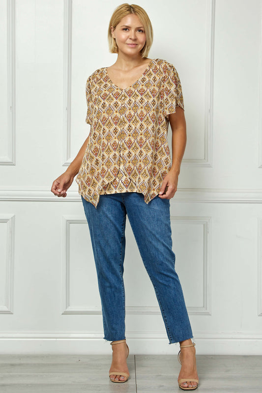 Tulip Sleeve Button-Front V-Neck Blouse in Cream/Olive/Rust - Plus