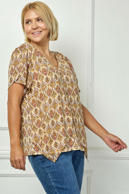 Tulip Sleeve Button-Front V-Neck Blouse in Cream/Olive/Rust - Plus