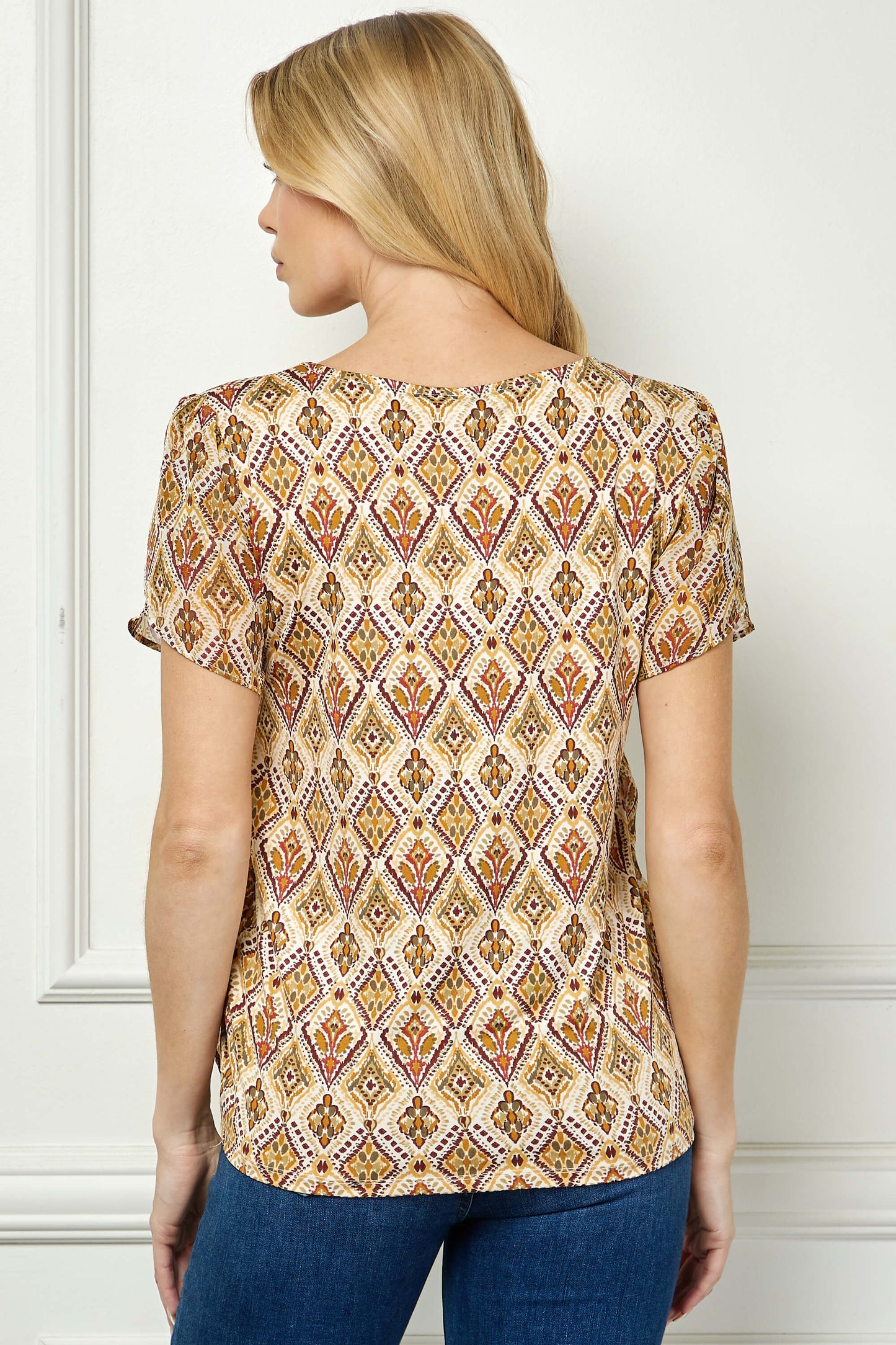 Tulip Sleeve Button-Front V-Neck Blouse in Cream/Olive/Rust
