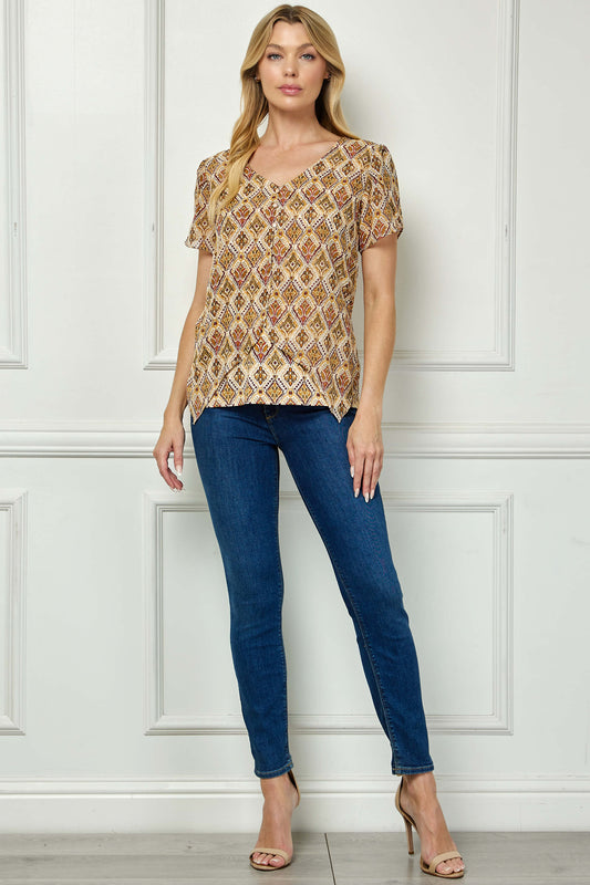 Tulip Sleeve Button-Front V-Neck Blouse in Cream/Olive/Rust