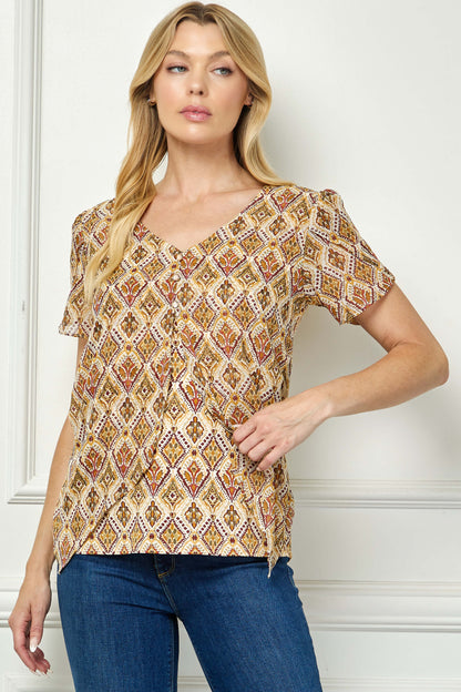 Tulip Sleeve Button-Front V-Neck Blouse in Cream/Olive/Rust