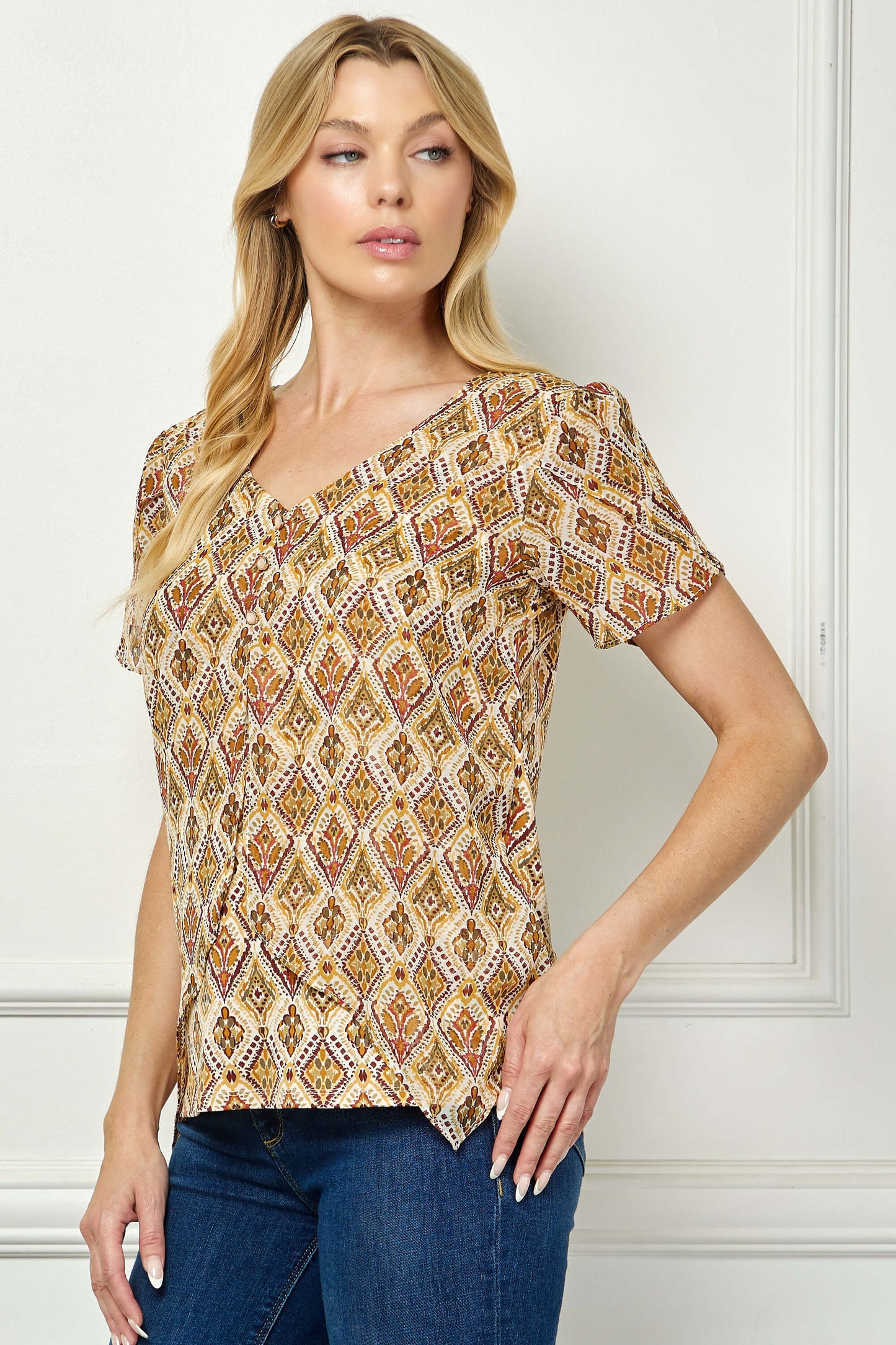 Tulip Sleeve Button-Front V-Neck Blouse in Cream/Olive/Rust