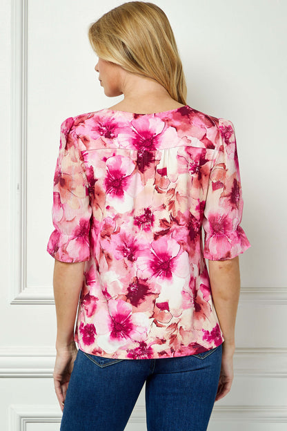 Ruffle Sleeve Chain Trim Cutout Neck Blouse in Pink