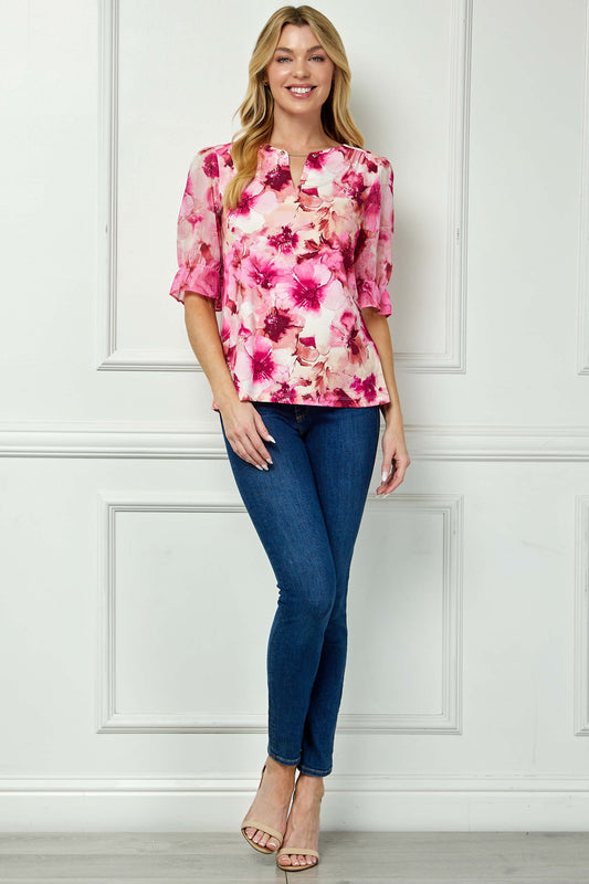 Ruffle Sleeve Chain Trim Cutout Neck Blouse in Pink