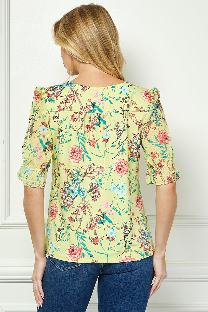 Ruffle Sleeve Chain Trim Cutout Neck Blouse in Yellow