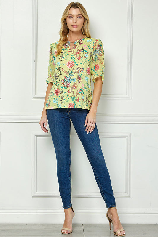Ruffle Sleeve Chain Trim Cutout Neck Blouse in Yellow
