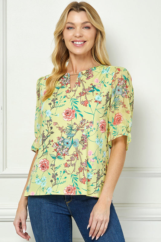 Ruffle Sleeve Chain Trim Cutout Neck Blouse in Yellow