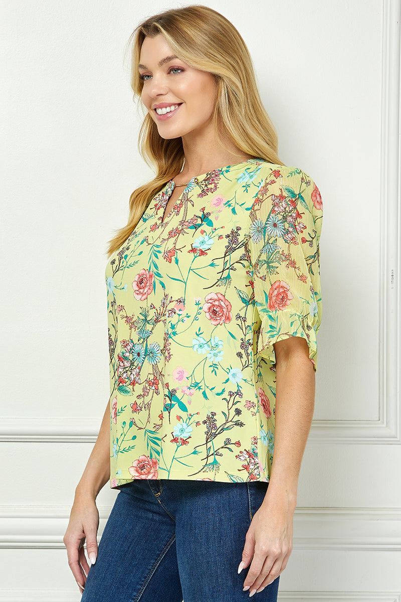 Ruffle Sleeve Chain Trim Cutout Neck Blouse in Yellow