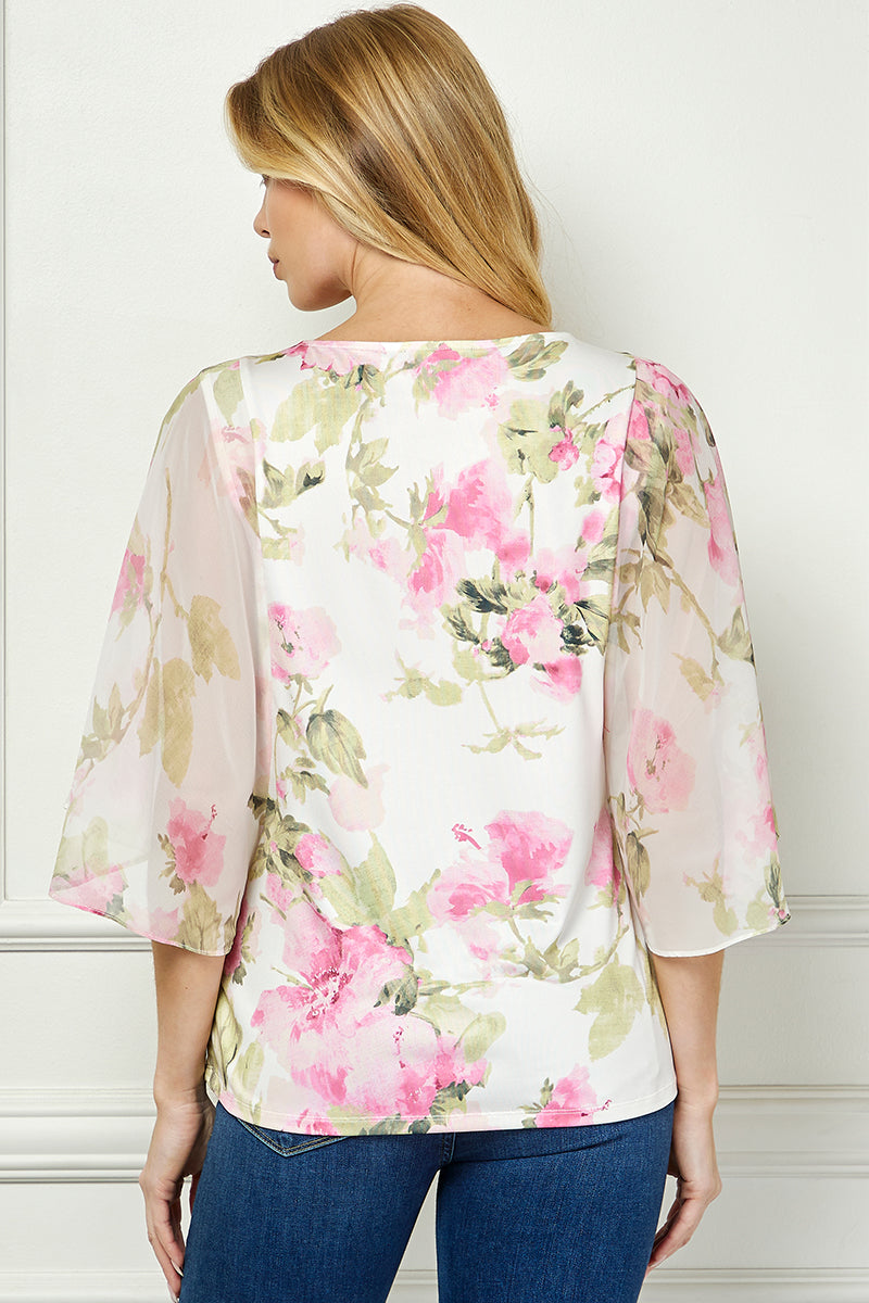 Angel Sleeve Scoop Neck Blouse with Necklace in Pink