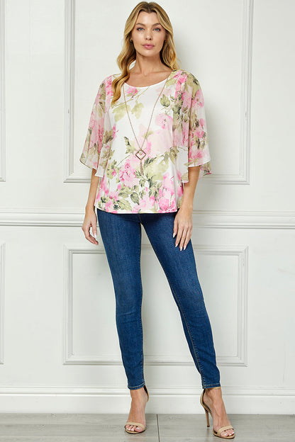 Angel Sleeve Scoop Neck Blouse with Necklace in Pink