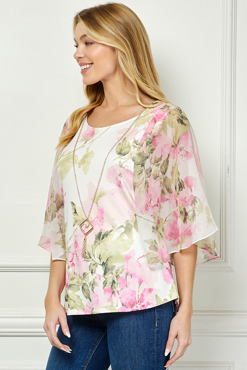 Angel Sleeve Scoop Neck Blouse with Necklace in Pink