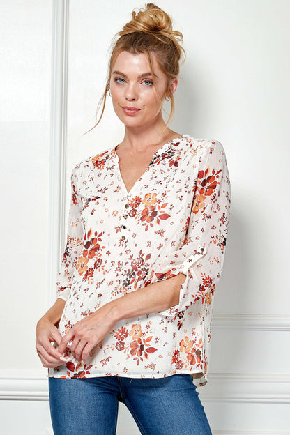 3/4 Tab Sleeve Mandarin Collar Popover Blouse in Ivory/Burgundy/Rust