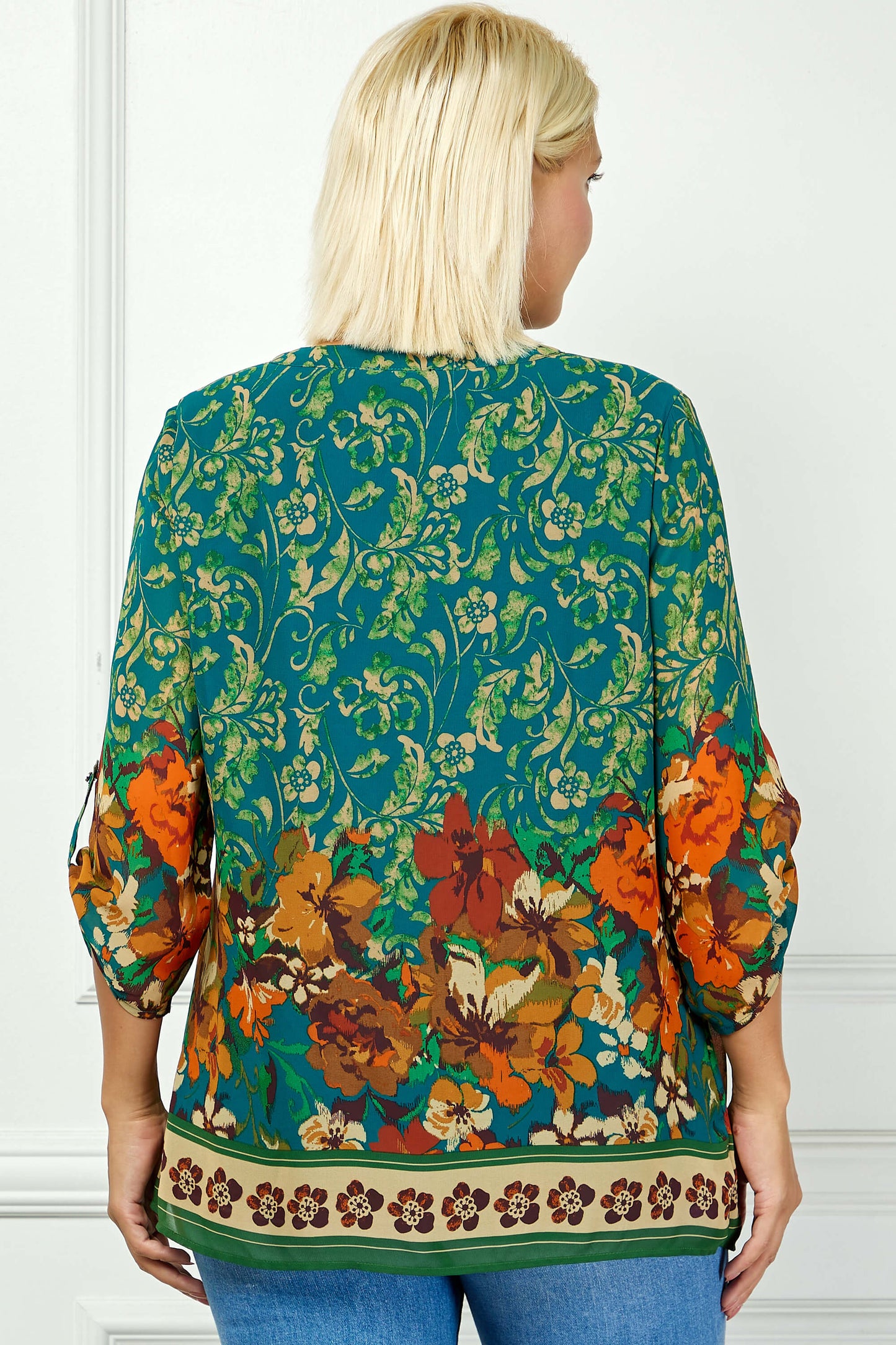 3/4 Tab Sleeve Mandarin Collar Print Blouse in Teal/Orange - Plus