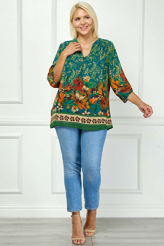 3/4 Tab Sleeve Mandarin Collar Print Blouse in Teal/Orange - Plus