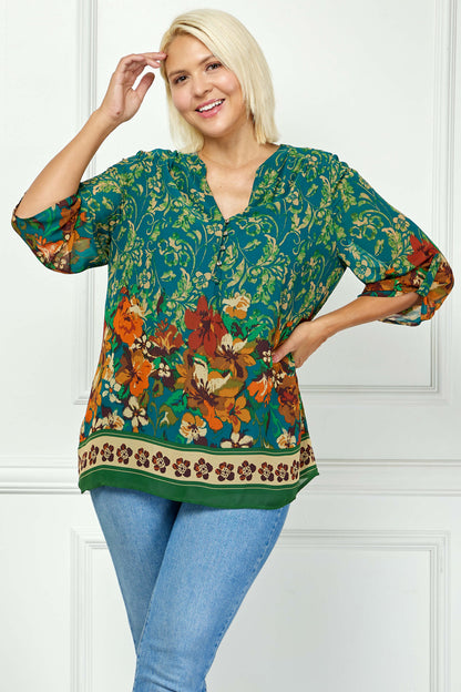 3/4 Tab Sleeve Mandarin Collar Print Blouse in Teal/Orange - Plus