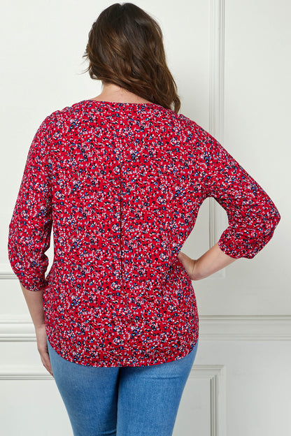 3/4 Button Tab Sleeve Pintuck Tie Front Blouse in Red - Plus