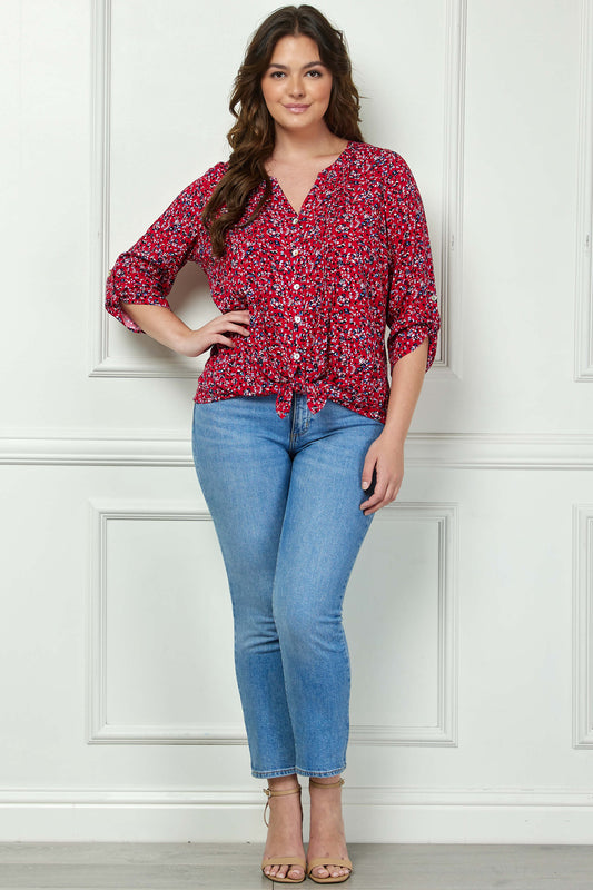 3/4 Button Tab Sleeve Pintuck Tie Front Blouse in Red - Plus