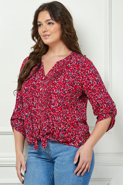 3/4 Button Tab Sleeve Pintuck Tie Front Blouse in Red - Plus