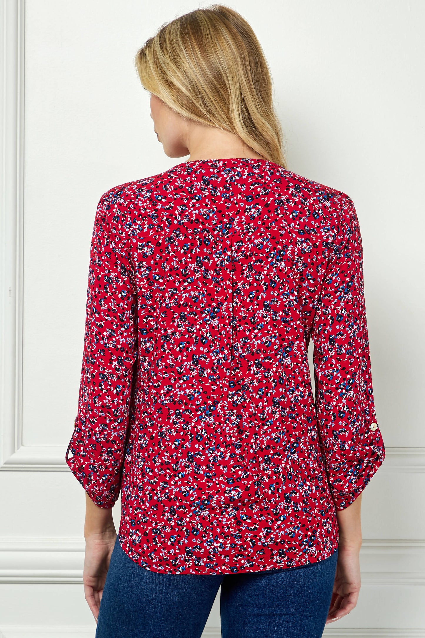 3/4 Button Tab Sleeve Pintuck Tie Front Blouse in Red
