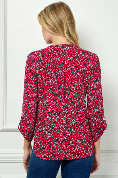 3/4 Button Tab Sleeve Pintuck Tie Front Blouse in Red