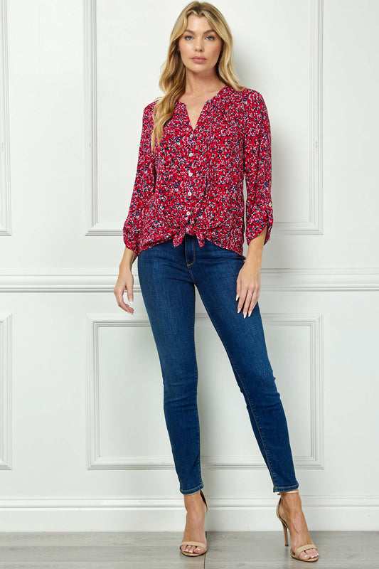 3/4 Button Tab Sleeve Pintuck Tie Front Blouse in Red