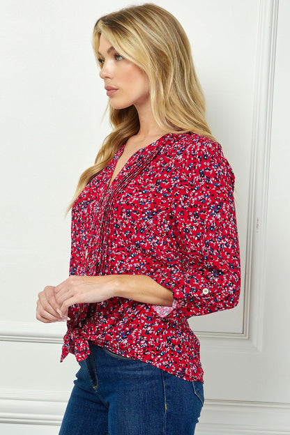 3/4 Button Tab Sleeve Pintuck Tie Front Blouse in Red
