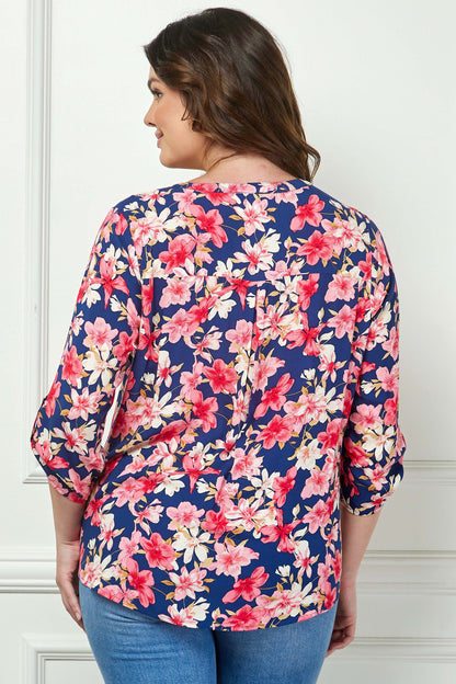 3/4 Button Tab Sleeve Pintuck Tie Front Blouse in Navy/Coral - Plus