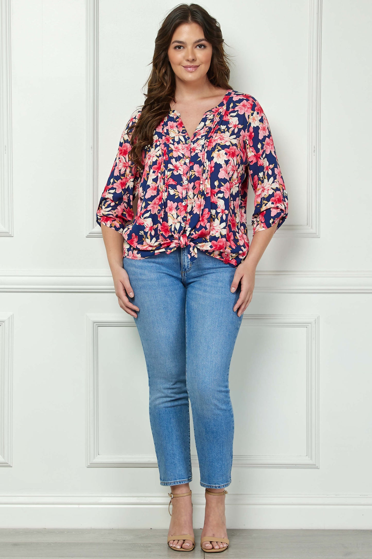 3/4 Button Tab Sleeve Pintuck Tie Front Blouse in Navy/Coral - Plus