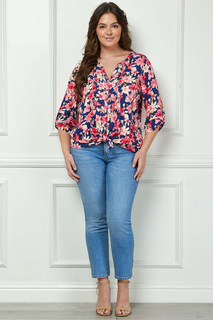3/4 Button Tab Sleeve Pintuck Tie Front Blouse in Navy/Coral - Plus