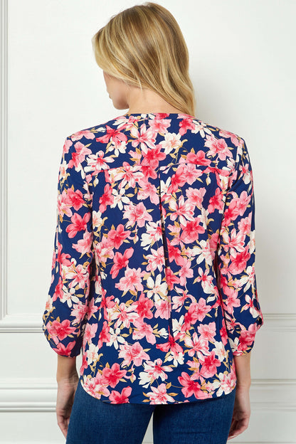 3/4 Button Tab Sleeve Pintuck Tie Front Blouse in Navy/Coral
