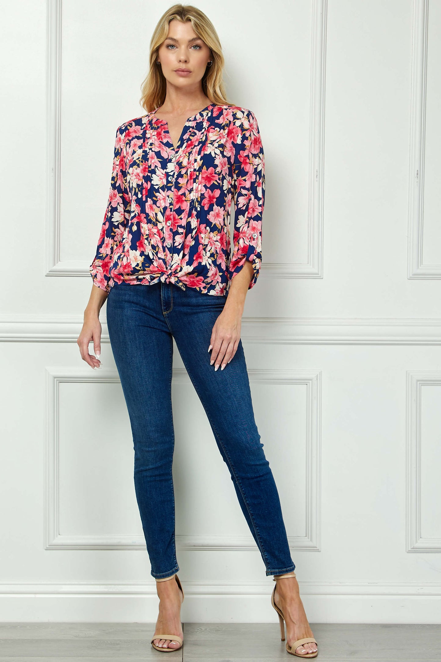 3/4 Button Tab Sleeve Pintuck Tie Front Blouse in Navy/Coral