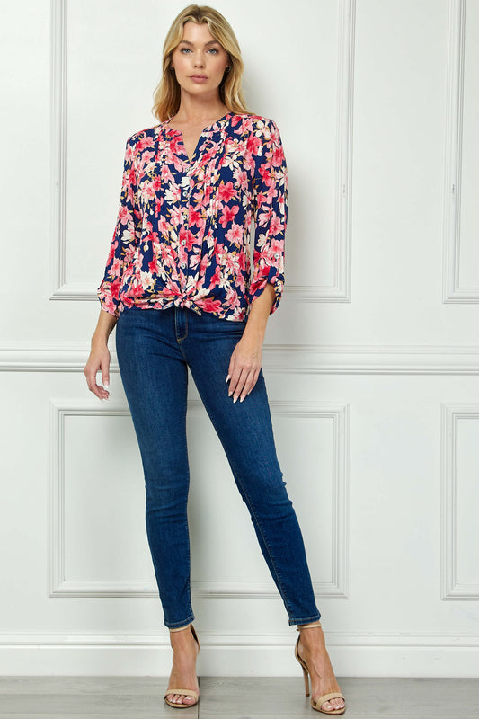 3/4 Button Tab Sleeve Pintuck Tie Front Blouse in Navy/Coral