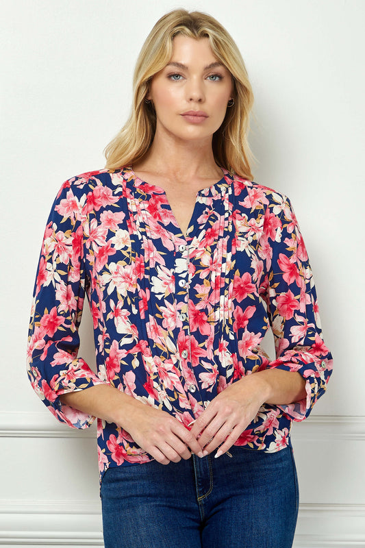 3/4 Button Tab Sleeve Pintuck Tie Front Blouse in Navy/Coral