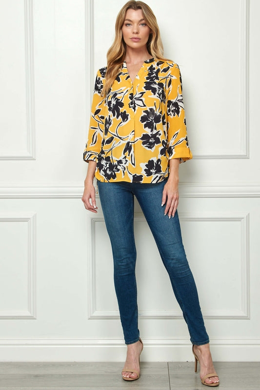 3/4 Tab Sleeve Mandarin Collar Blouse in Yellow/Ivory/Black