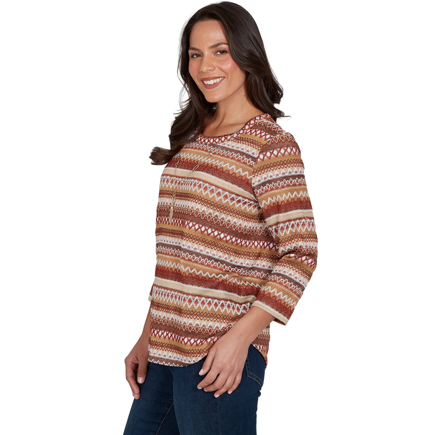 Alfred Dunner Textured Stripe Knit Top with Necklace - Tan