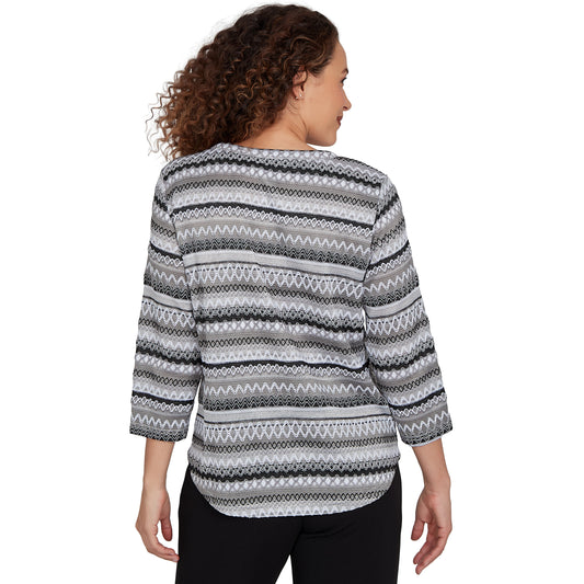 Alfred Dunner Textured Stripe Knit Top with Necklace - Grey